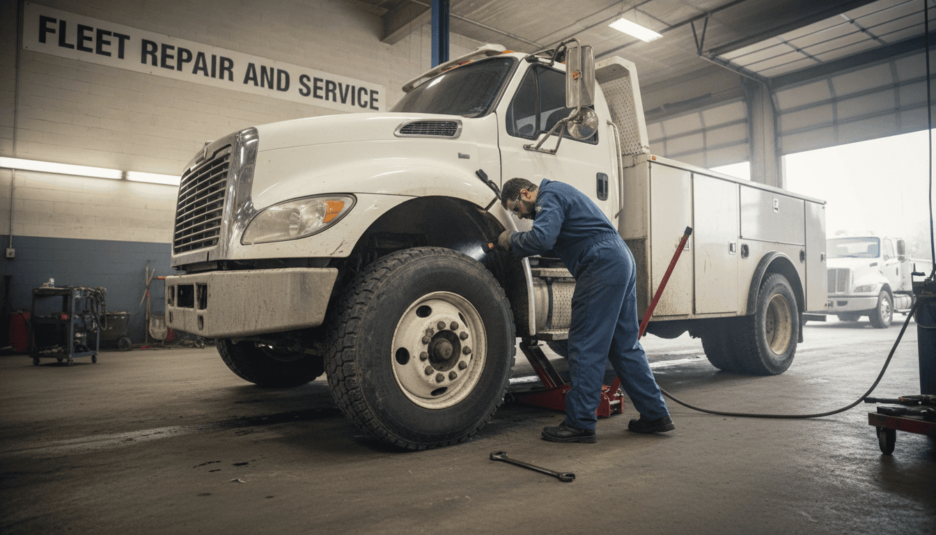 Mechanic inspecting the wheel well of a commercial work truck