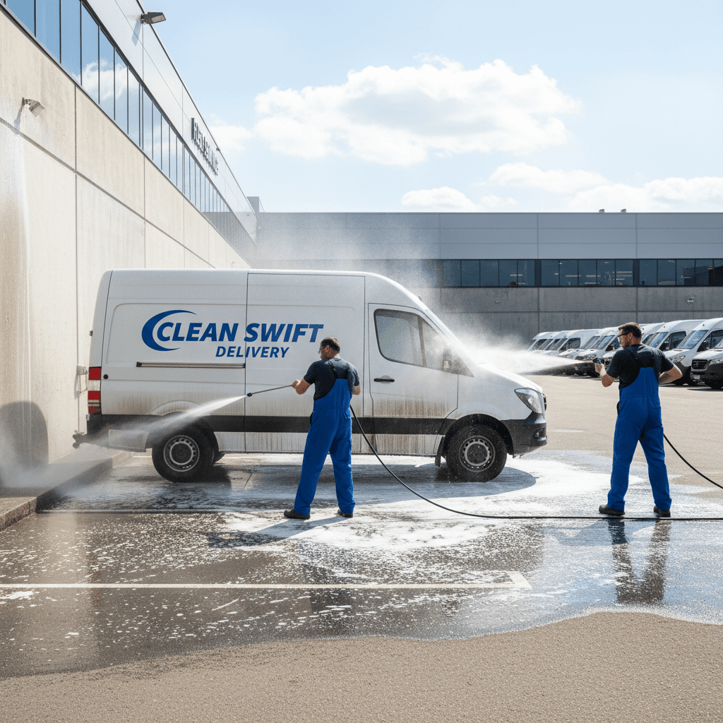 Line of white commercial vans being pressure washed in an outdoor lot