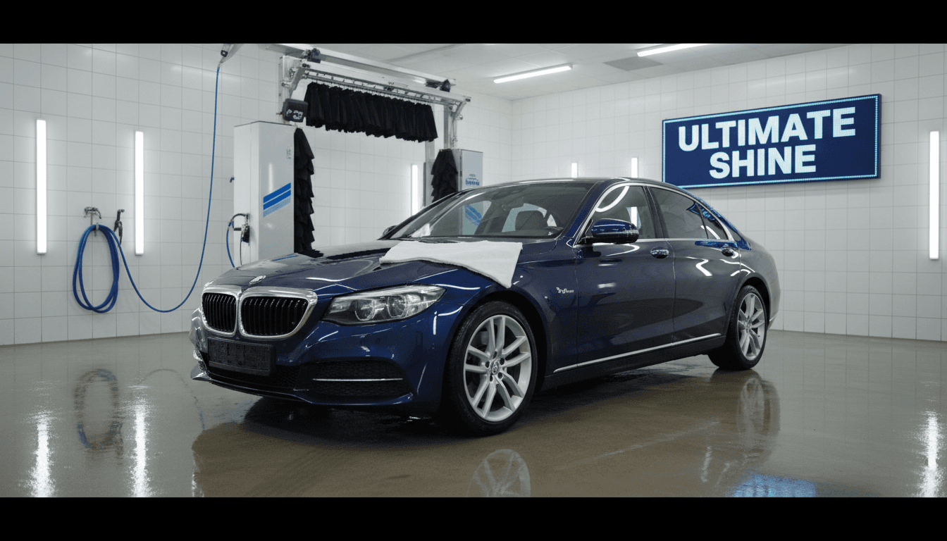 Clean detailing bay with a freshly washed car