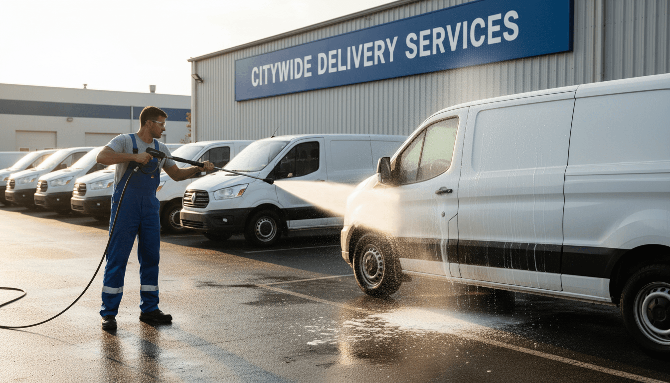 Pressure washing a white commercial van in a parking lot