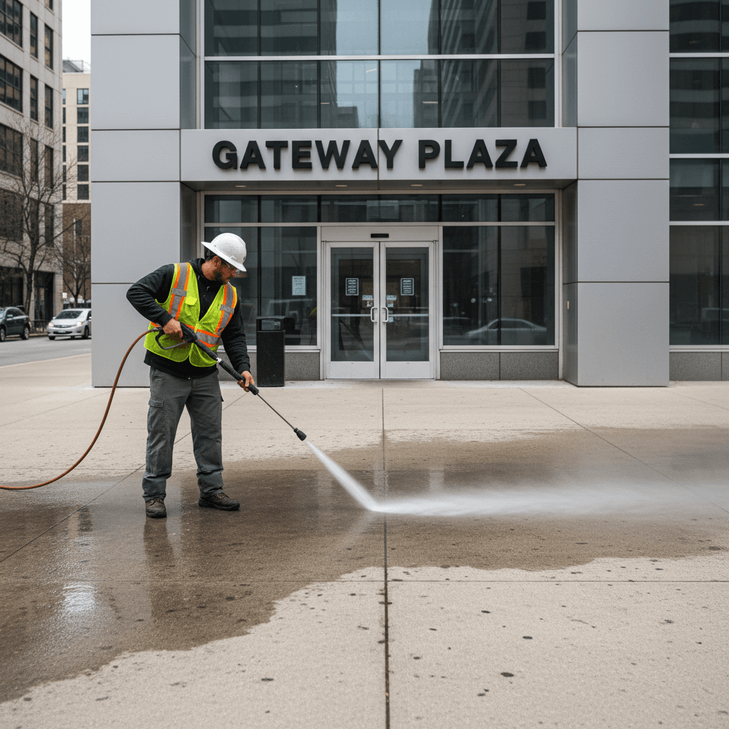 Worker pressure washing the sidewalk entrance of a commercial building