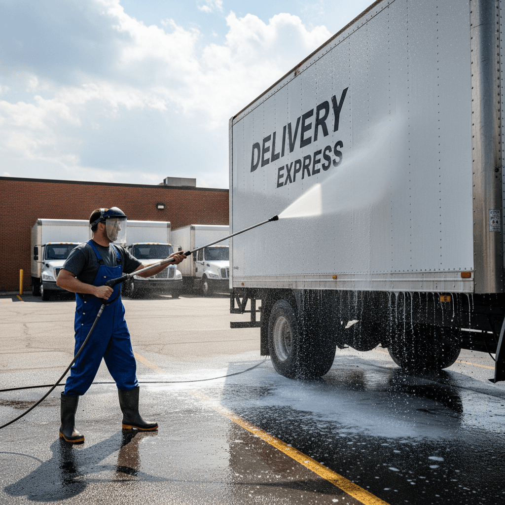 Worker using a pressure washer on the side of a white box truck