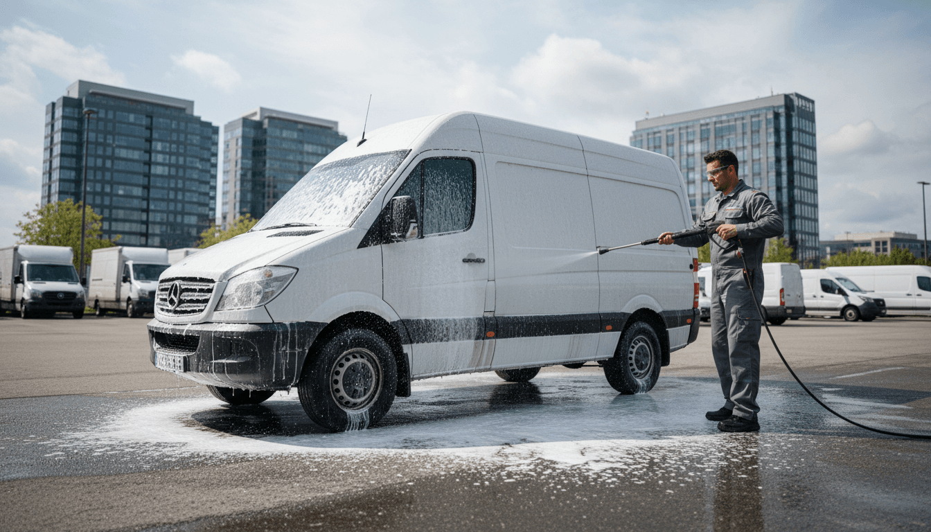 Detailer pressure washing a white van in a commercial lot