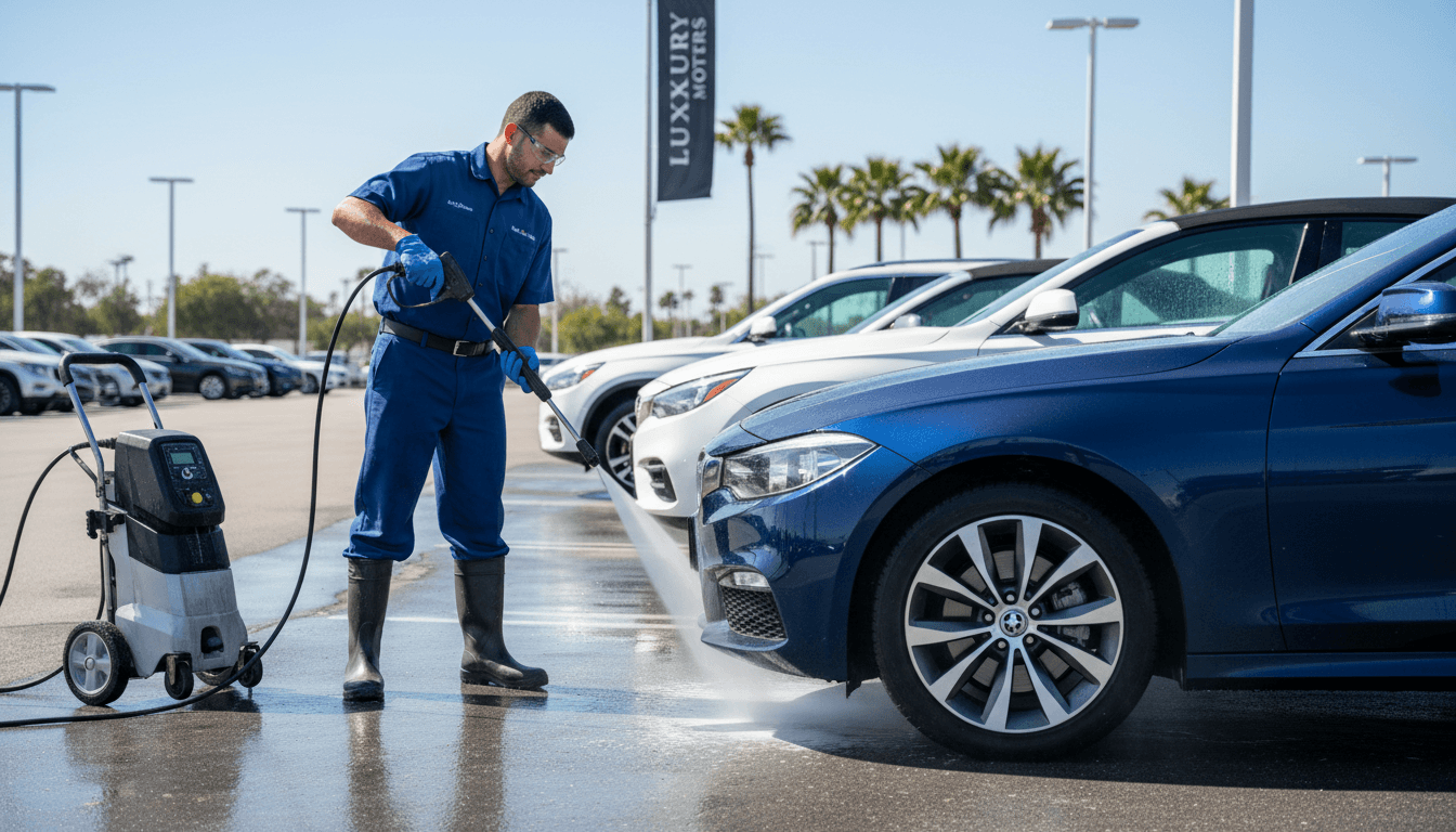 Commercial fleet vehicle washing on a dealership lot