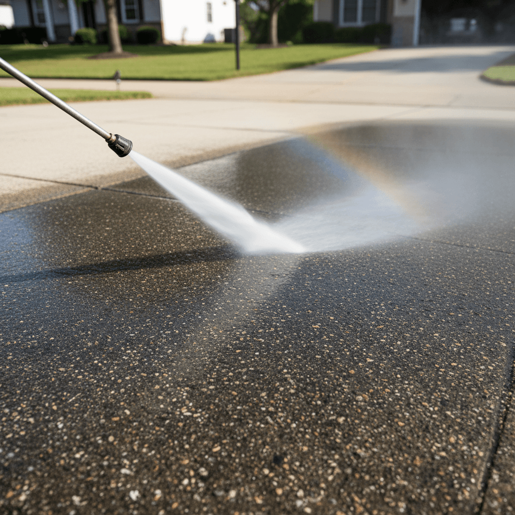 Pressure washing a concrete driveway with a wide spray wand