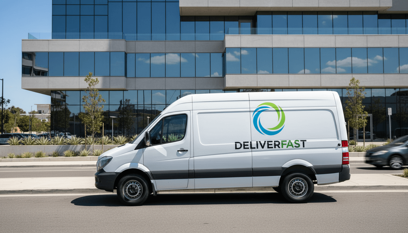 White delivery van with clean logo parked in front of a modern commercial building