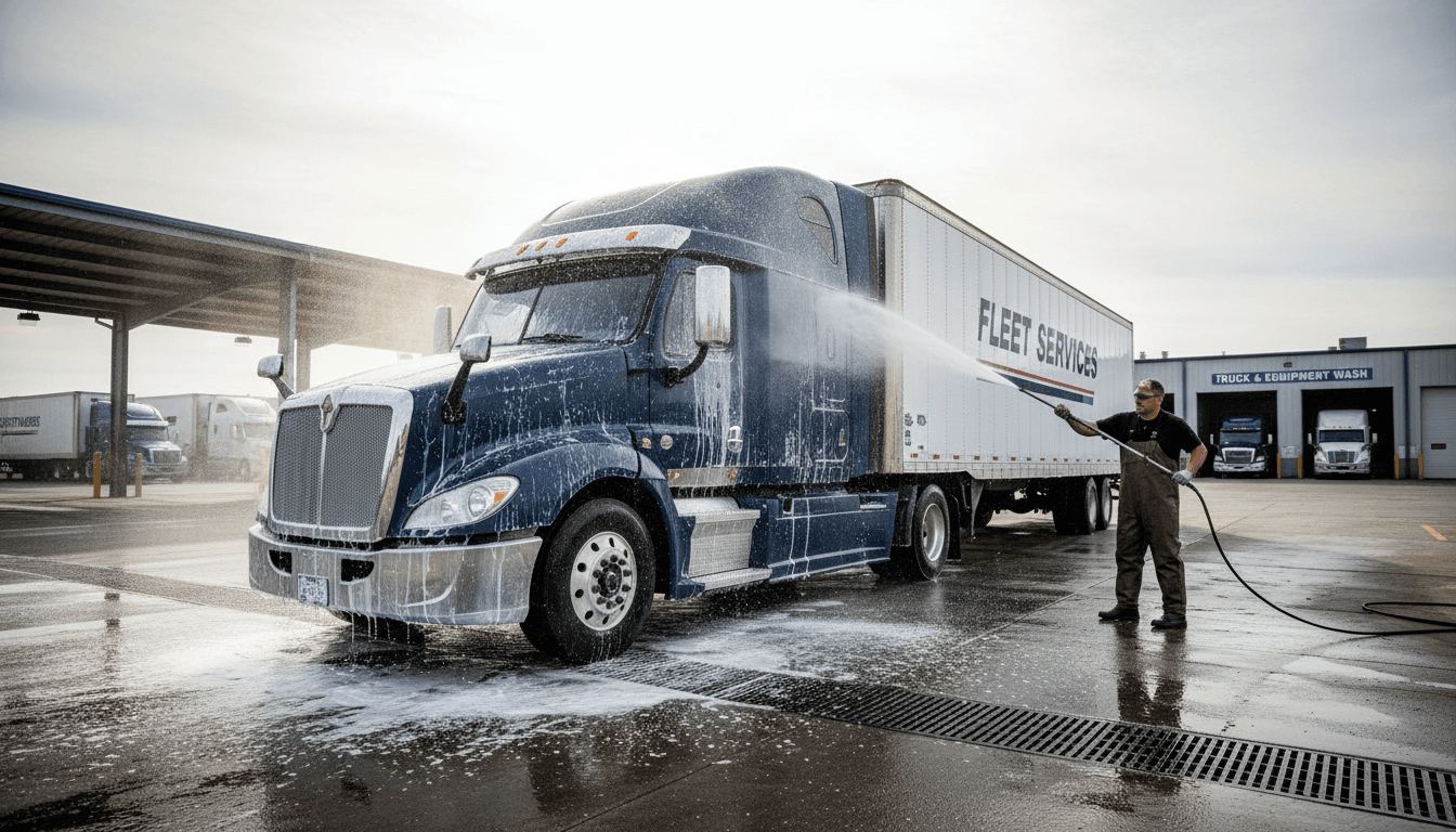 Clean commercial fleet truck being washed on site