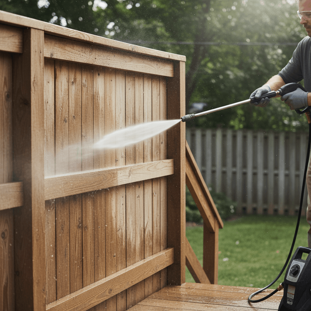 Pressure washing a wooden deck and fence to remove mildew stains