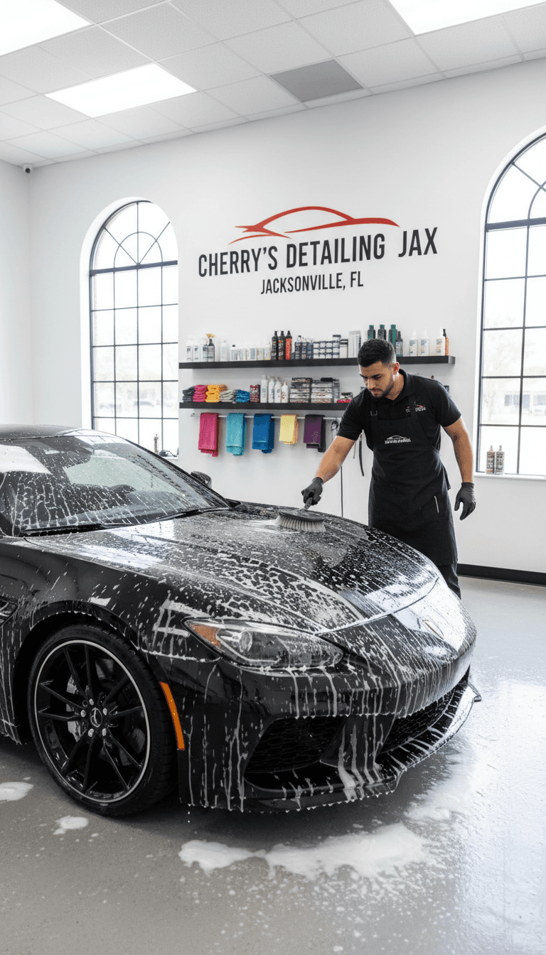 Technician professionally detailing a car in a clean, organized workshop