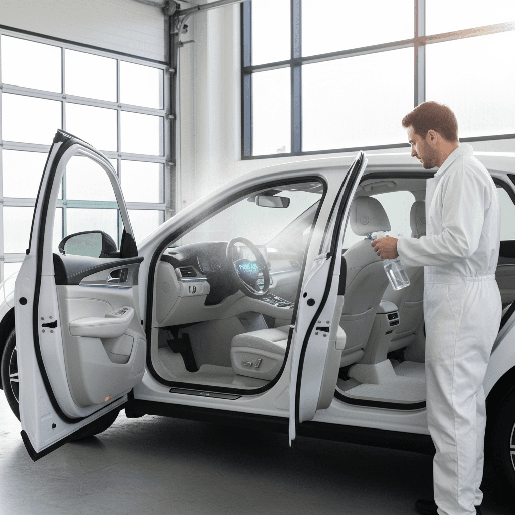 Detailer spraying odor neutralizer into an open car