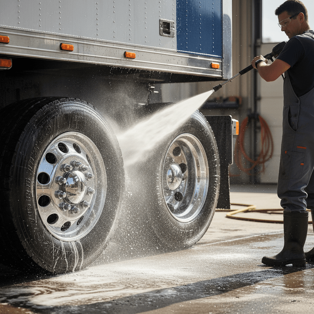 Close-up of pressure washer spraying the wheel of a commercial truck