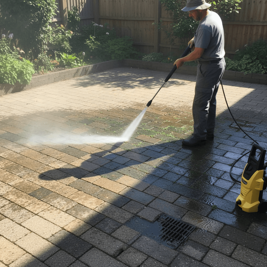 Pressure washing a paver patio and walkway with soap and water