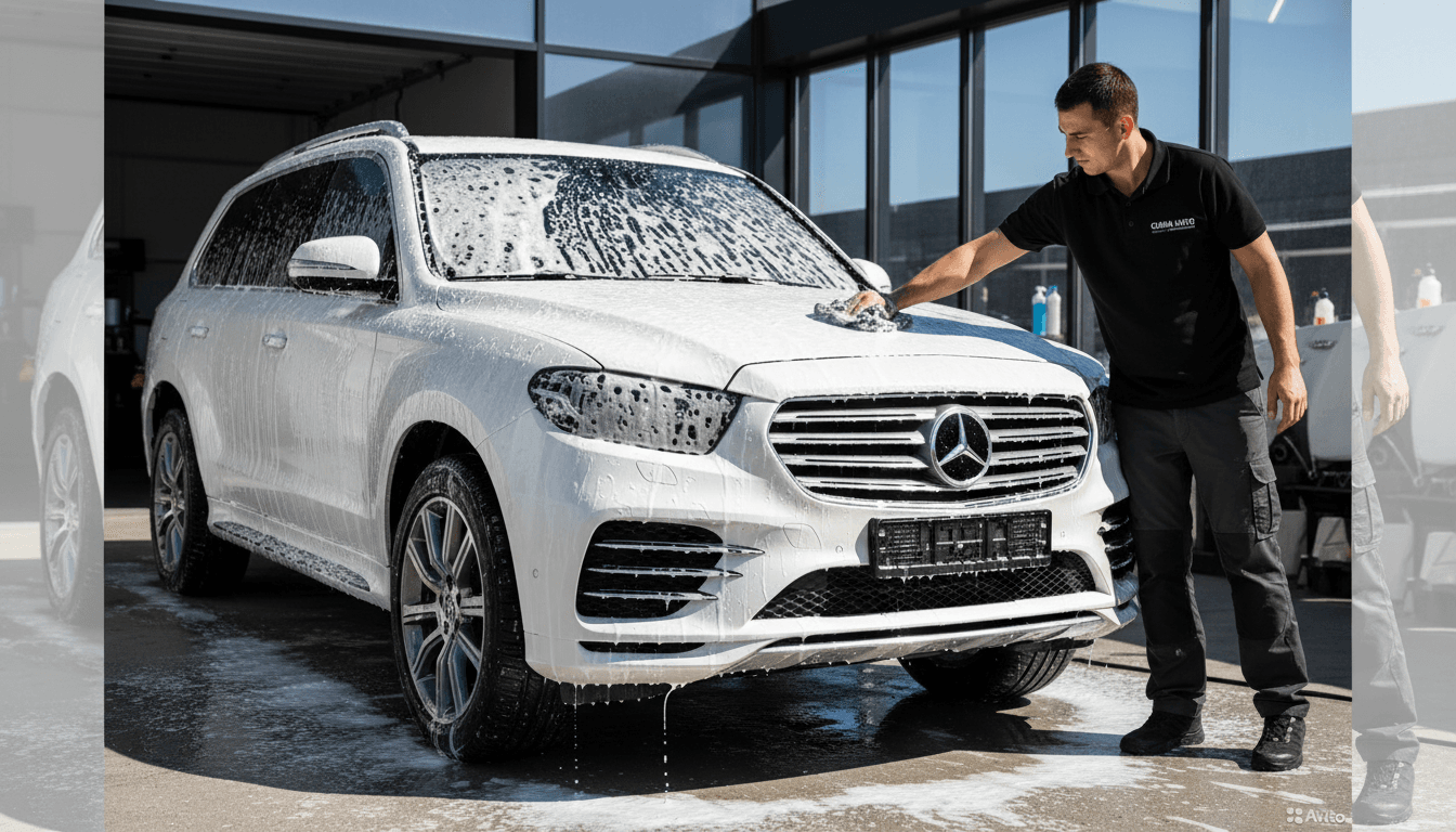 Detailer washing a white SUV with foam