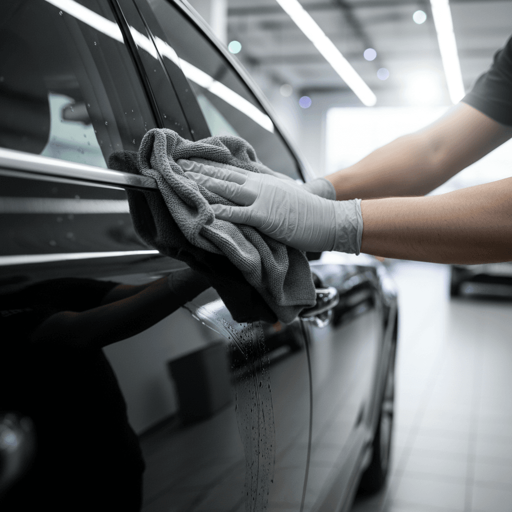 Detailer wiping down a car door panel with a microfiber cloth