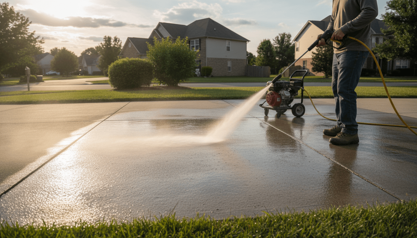 Pressure washing a concrete driveway with high pressure water spray