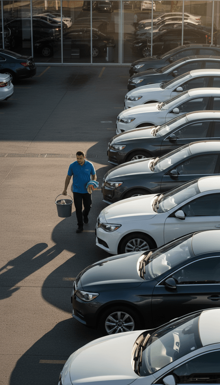 Detailer moving between cars in a dealership lot