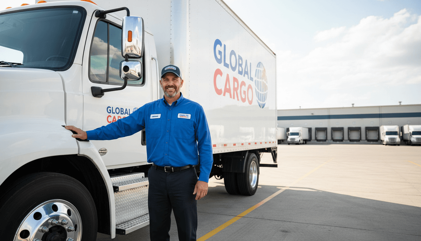 Professional driver smiling while standing beside a clean box truck