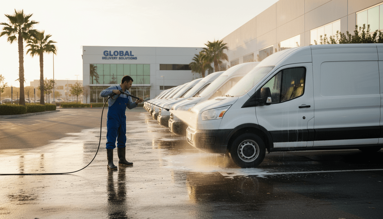 Worker pressure washing a row of white commercial vans in a parking lot
