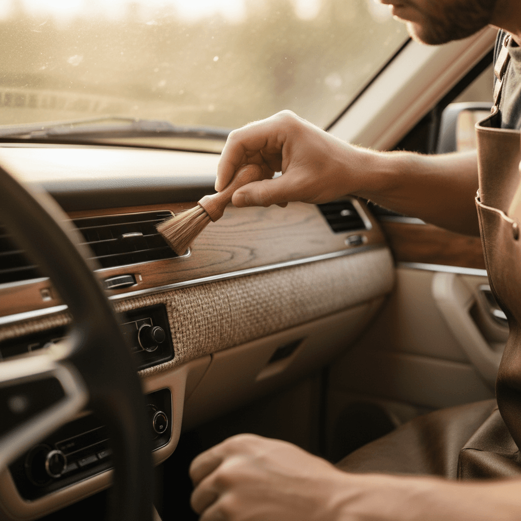Detailer cleaning car air vents with a small brush