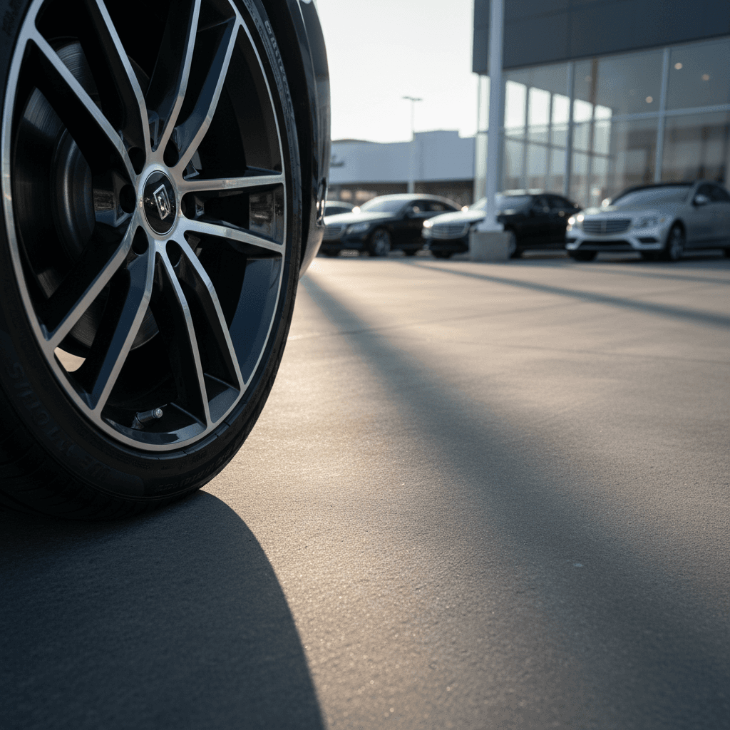 Freshly dressed tire and wheel on a dealership lot