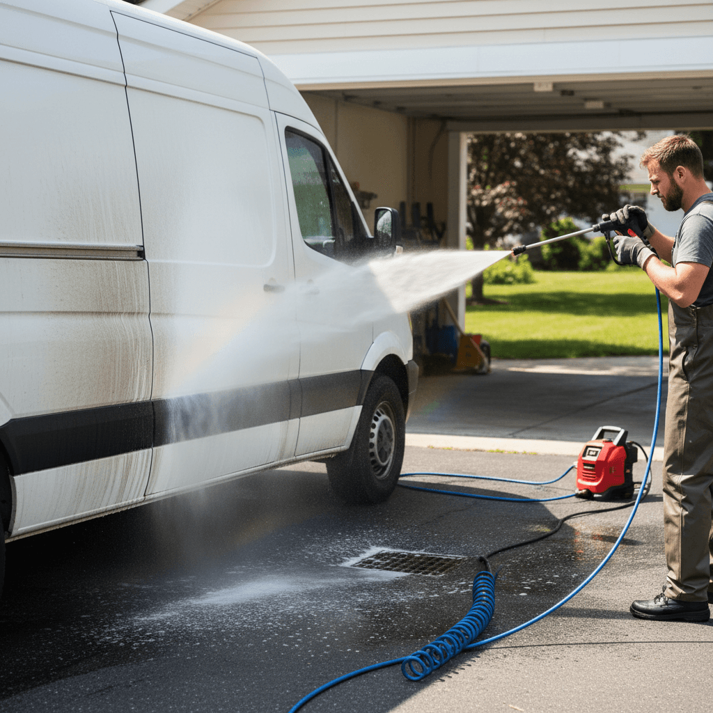 Pressure washer spraying a large white cargo van at a commercial lot