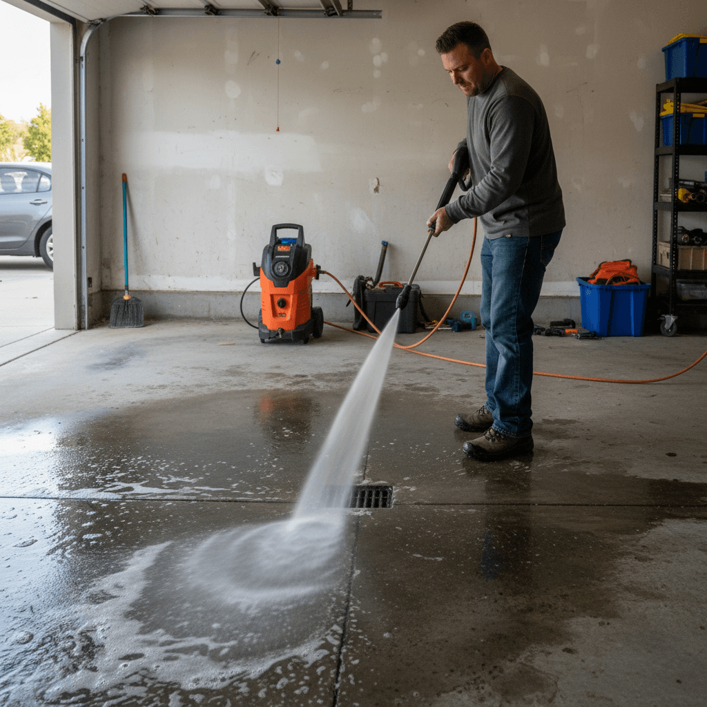 Cleaning a concrete garage floor with a pressure washer