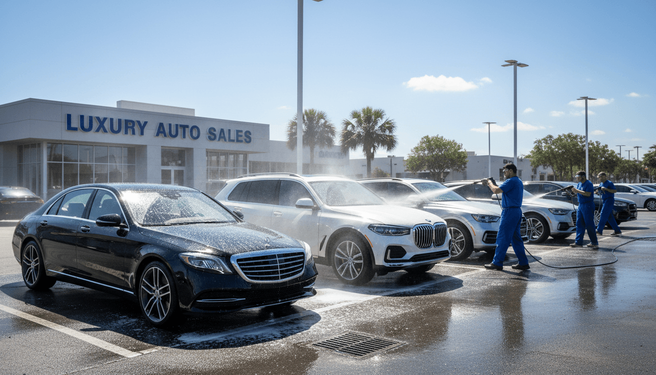 Professional pressure washing a row of cars on a dealership lot