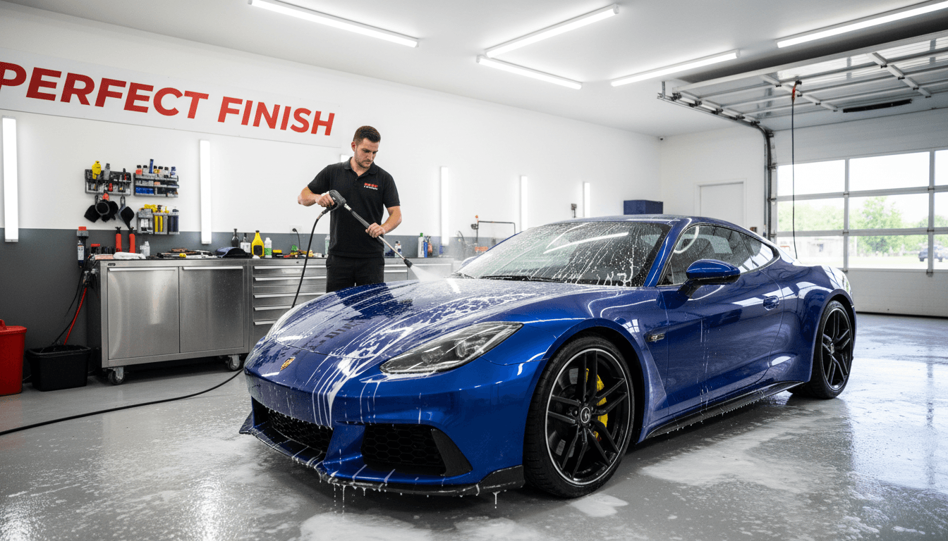 Detailer washing a car in a garage