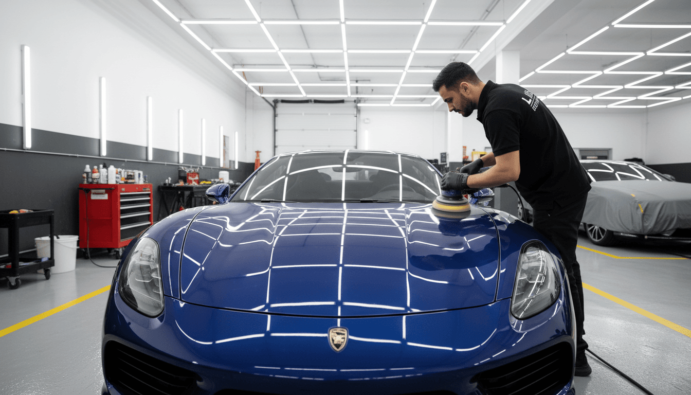 Professional detailer polishing a clean vehicle in a bright garage