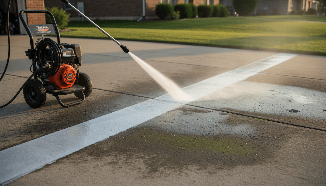 Pressure washer spraying water across a concrete driveway