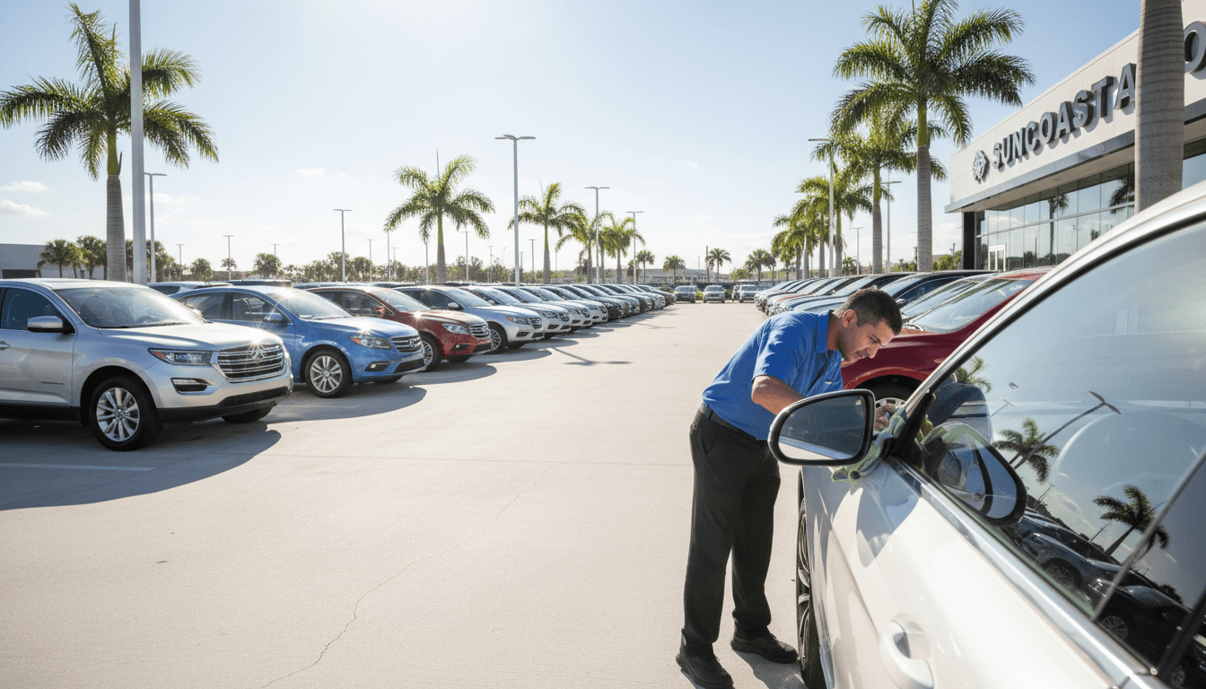 A bright, clean dealership lot with rows of polished cars and trucks under the Florida sun, a detailer in the background finishing the final wipe on a vehicle's side mirror