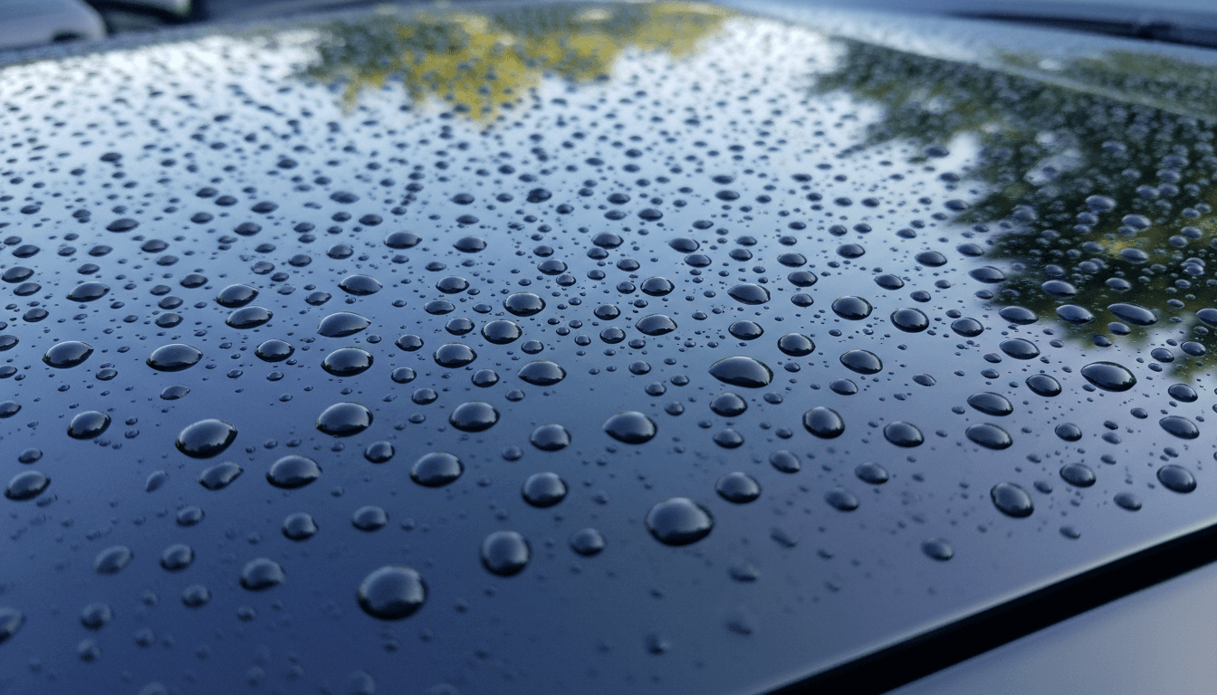 Close up of water beading on a clean car paint surface