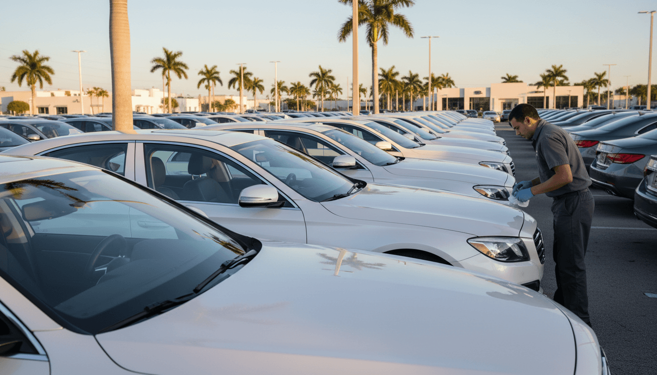 Rows of freshly detailed cars on a dealership lot in Jacksonville at sunrise