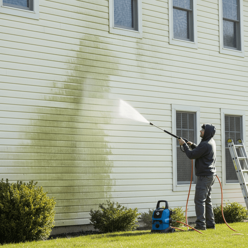 Pressure washing exterior siding on a house wall