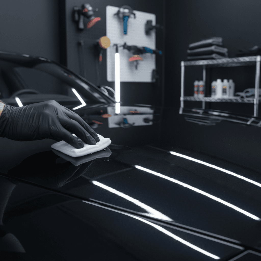 Hand polishing a dark car door panel in a professional garage