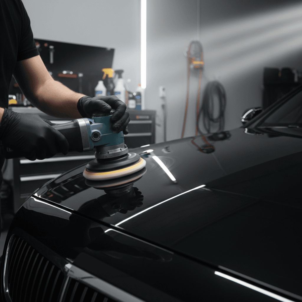 Detailer polishing a dark SUV hood in a dimly lit garage