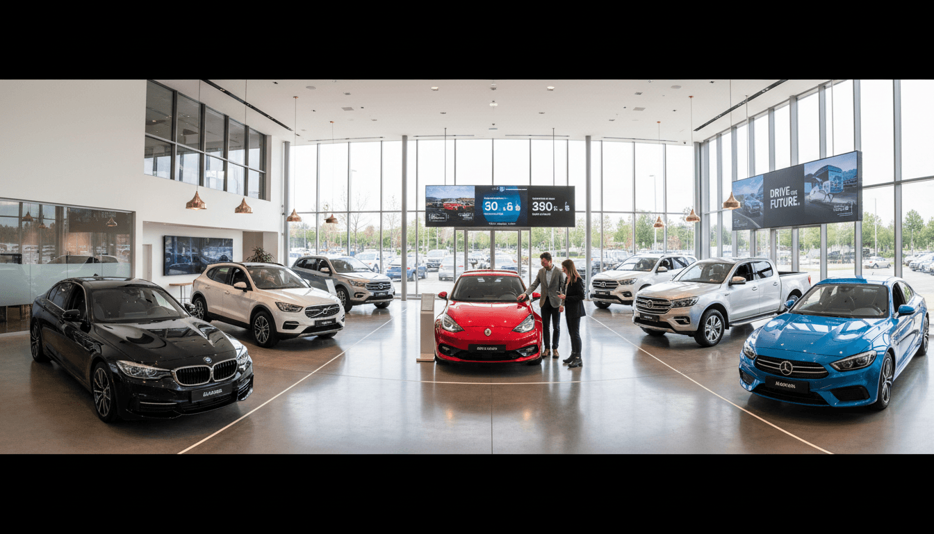 Modern dealership showroom with diverse vehicles, sales consultant helping customers examine a car