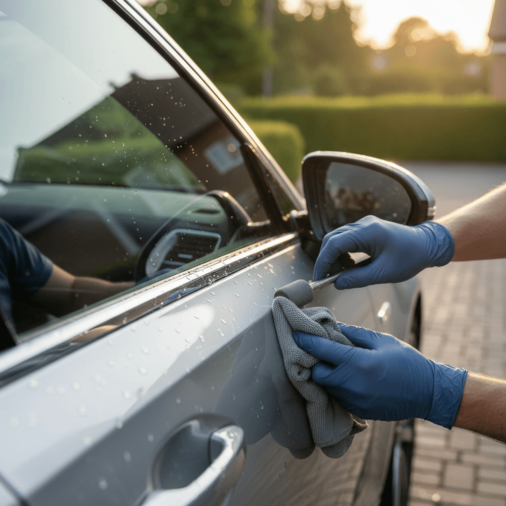 Detailer in navy gloves wiping a glossy black car door with a microfiber cloth