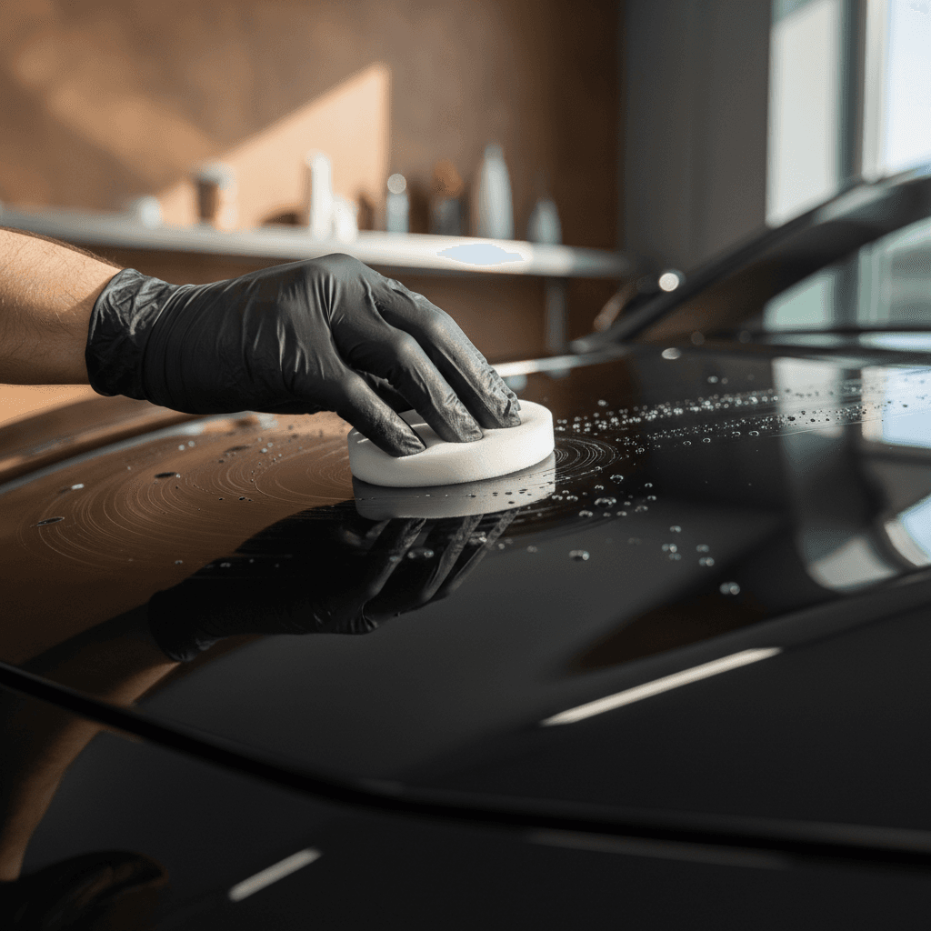 Technician's gloved hands applying protective wax coating to vehicle's glossy painted surface in professional detailing setting