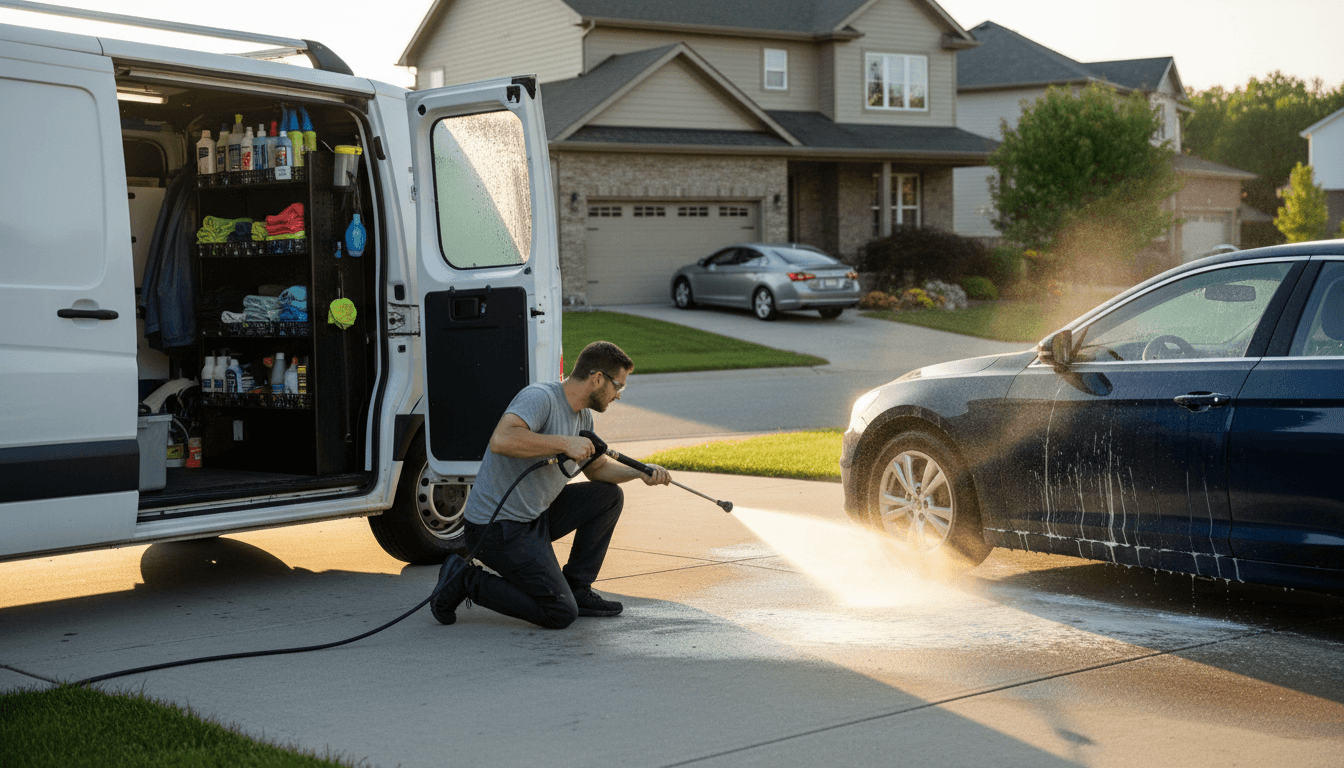 Detailer wiping the hood of a white pickup truck in Jacksonville
