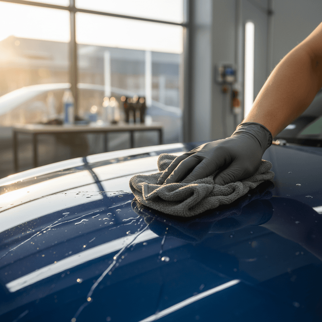 Detailer polishing a sedan at a Jacksonville detailing bay