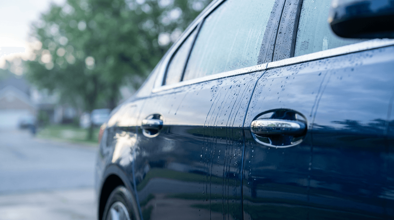 Glossy black SUV in a detailing bay with water beading on the hood