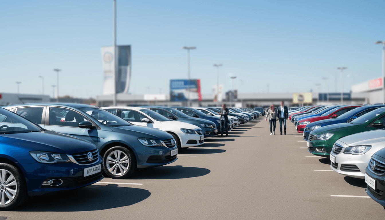 Row of polished vehicles on a dealership lot