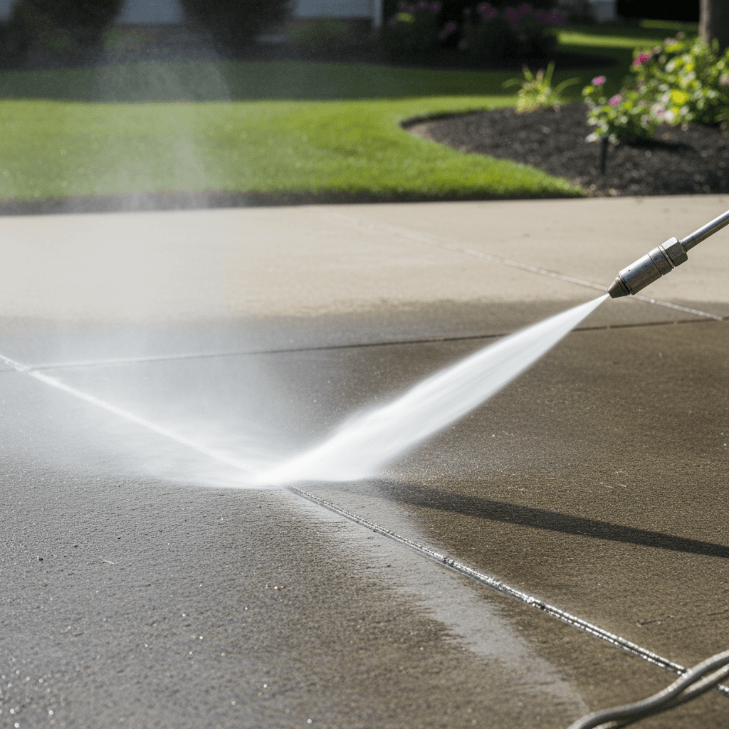 Close-up of pressure washer spray cleaning concrete driveway, water revealing clean surface underneath