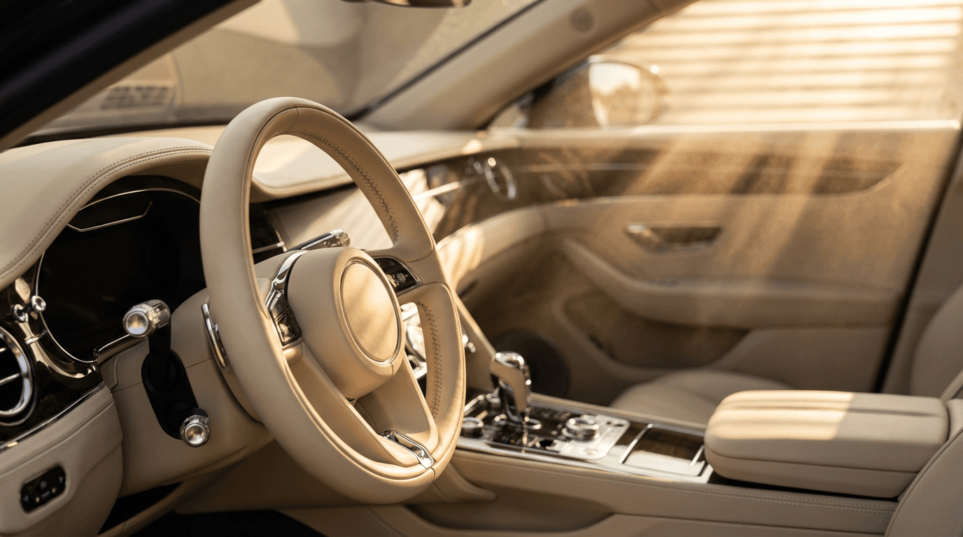 Clean car interior with detailed dashboard and leather seats