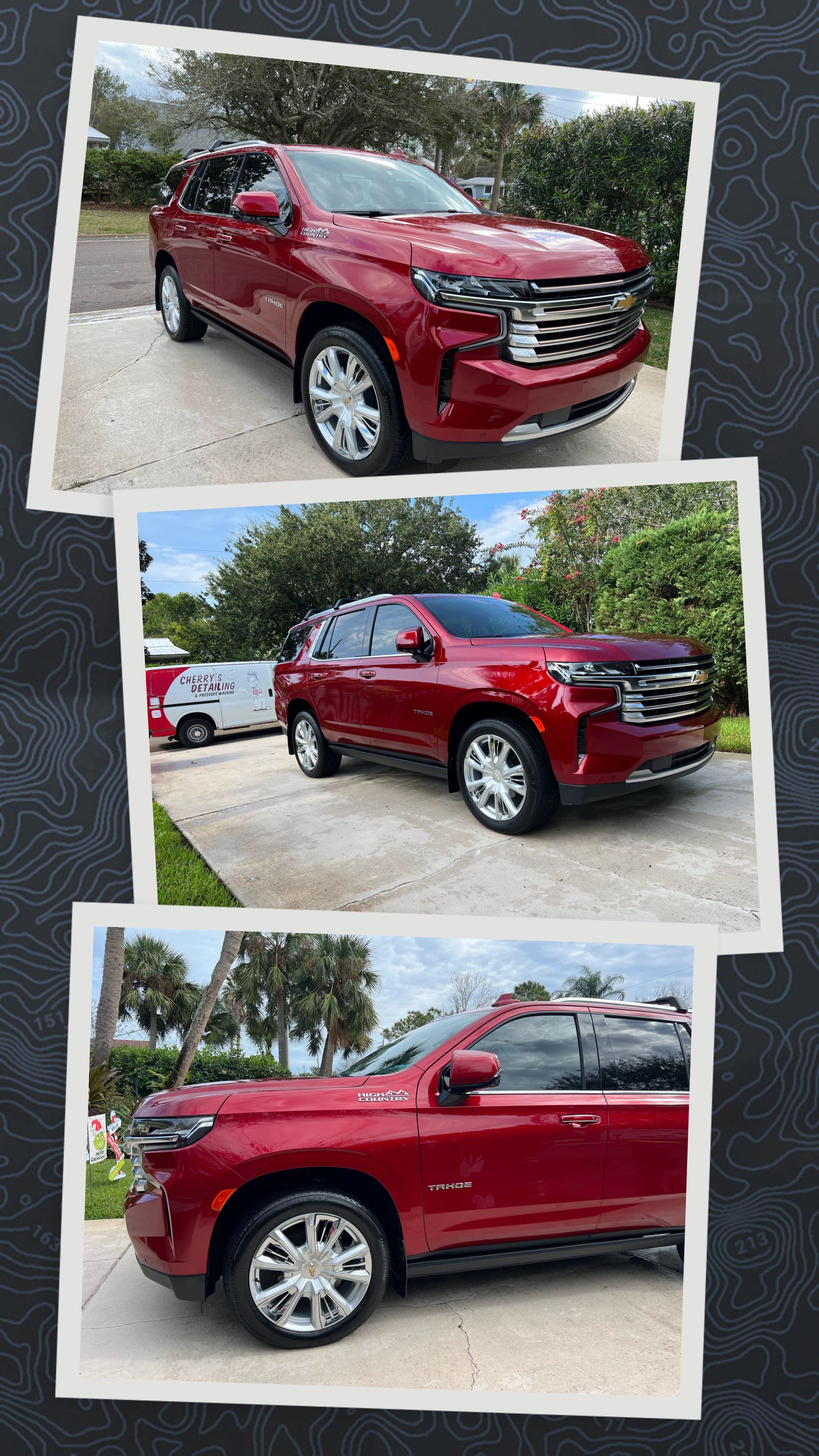 Collage of three photos showing a polished red Chevrolet Tahoe High Country SUV outdoors.